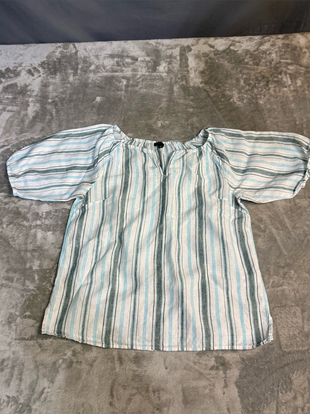 Talbots Blue Gray and White Striped 100% Linen Peasant Style Top